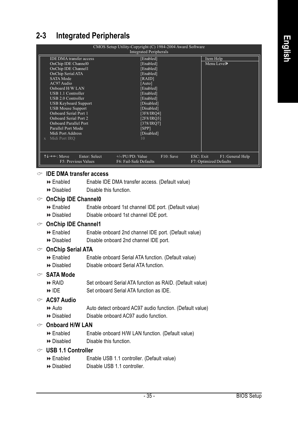 English, 3 integrated peripherals, Ide dma transfer access | Onchip ide channel0, Onchip ide channel1, Onchip serial ata, Sata mode, Ac97 audio, Onboard h/w lan, Usb 1.1 controller | GIGABYTE AMD Socket 939 Processor Motherboard GA-K8VT890-9 User Manual | Page 35 / 80