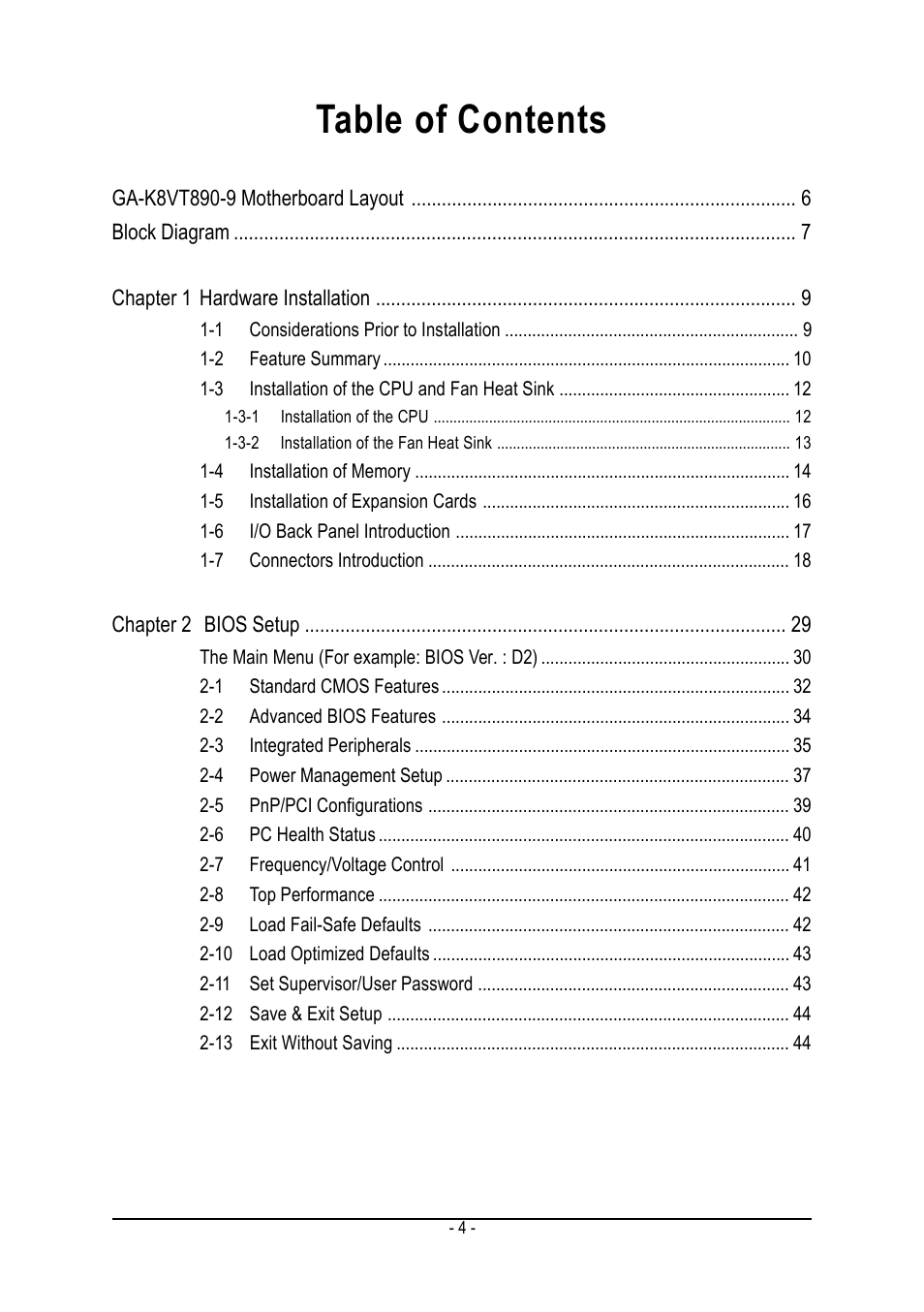 GIGABYTE AMD Socket 939 Processor Motherboard GA-K8VT890-9 User Manual | Page 4 / 80