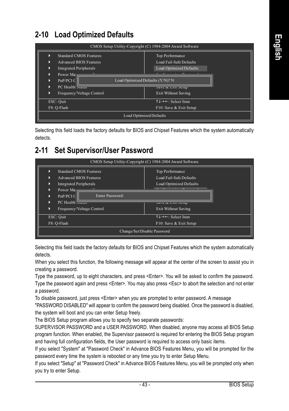 English, 11 set supervisor/user password, 10 load optimized defaults | Bios setup - 43 | GIGABYTE AMD Socket 939 Processor Motherboard GA-K8VT890-9 User Manual | Page 43 / 80