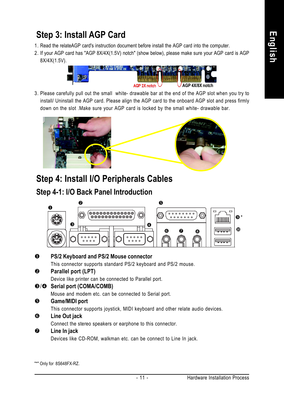 English step 4: install i/o peripherals cables, Step 3: install agp card, Step 4-1: i/o back panel introduction | GIGABYTE 8S648FX-RZ User Manual | Page 11 / 40