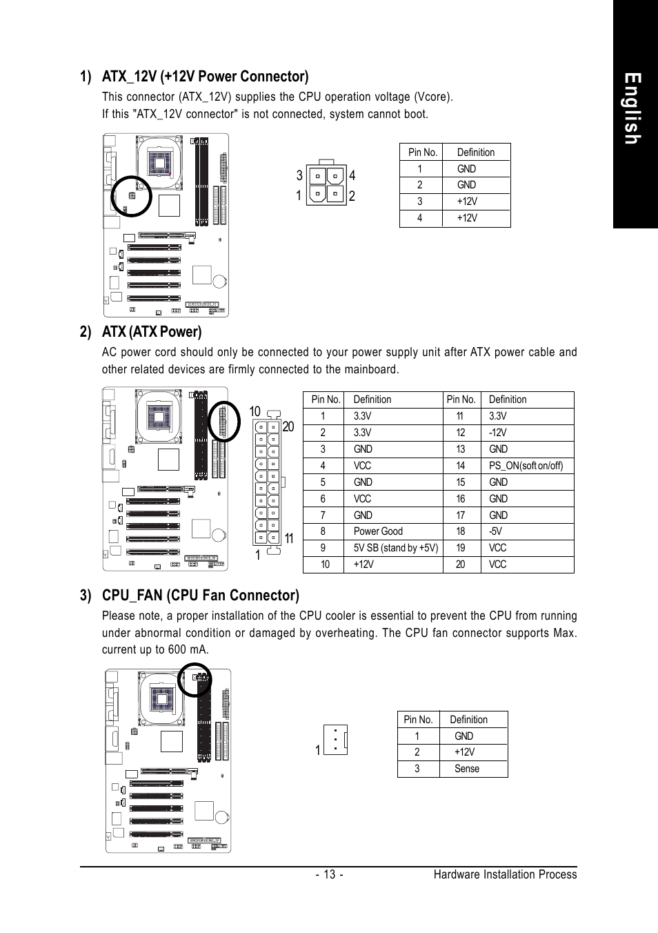 English, 2) atx (atx power), 3) cpu_fan (cpu fan connector) | GIGABYTE 8S648FX-RZ User Manual | Page 13 / 40