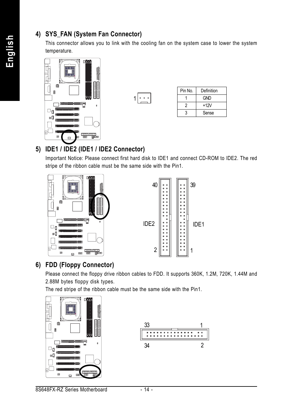 English, 4) sys_fan (system fan connector), 6) fdd (floppy connector) | GIGABYTE 8S648FX-RZ User Manual | Page 14 / 40