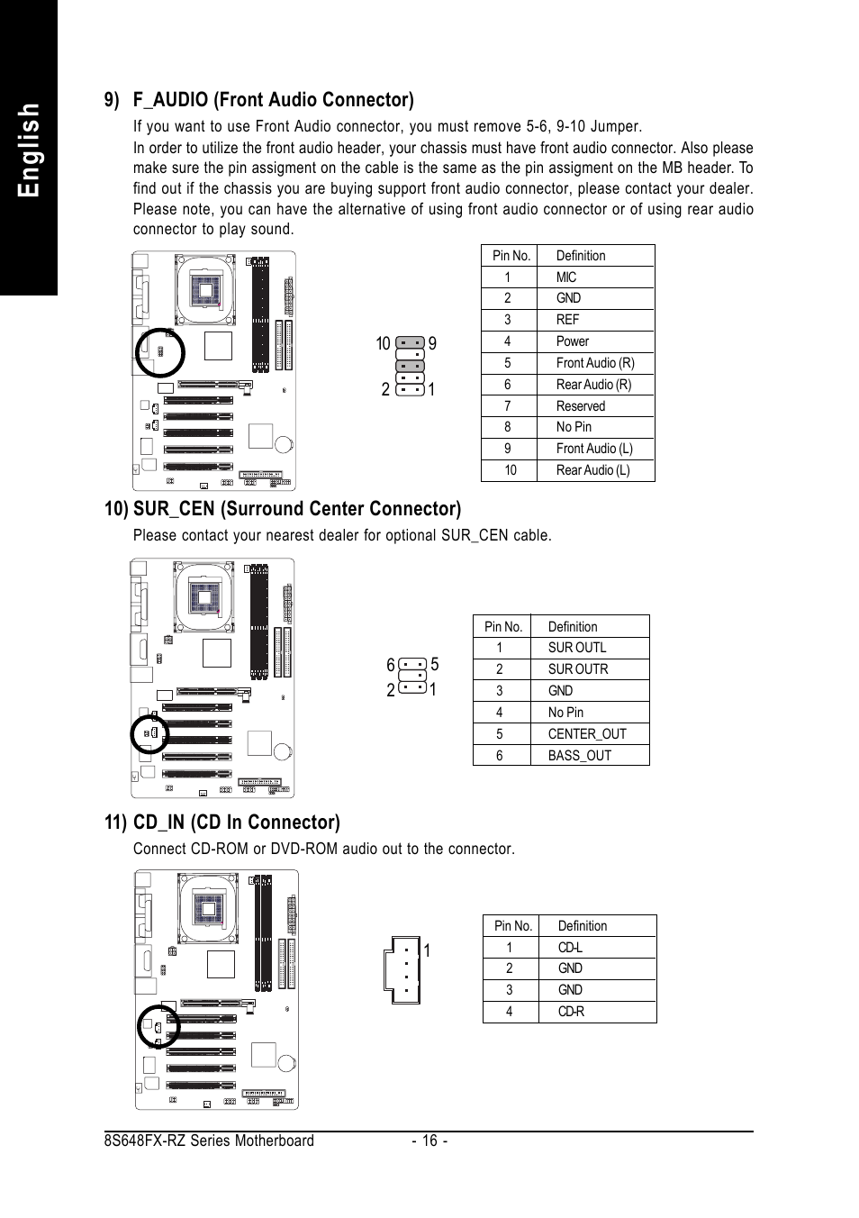 English, 9) f_audio (front audio connector), 10) sur_cen (surround center connector) | 11) cd_in (cd in connector) | GIGABYTE 8S648FX-RZ User Manual | Page 16 / 40