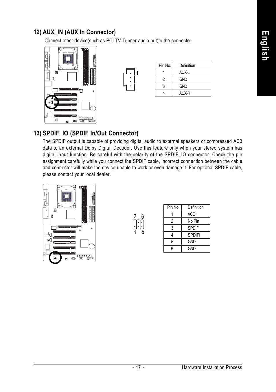 English, 12) aux_in (aux in connector), 13) spdif_io (spdif in/out connector) | GIGABYTE 8S648FX-RZ User Manual | Page 17 / 40