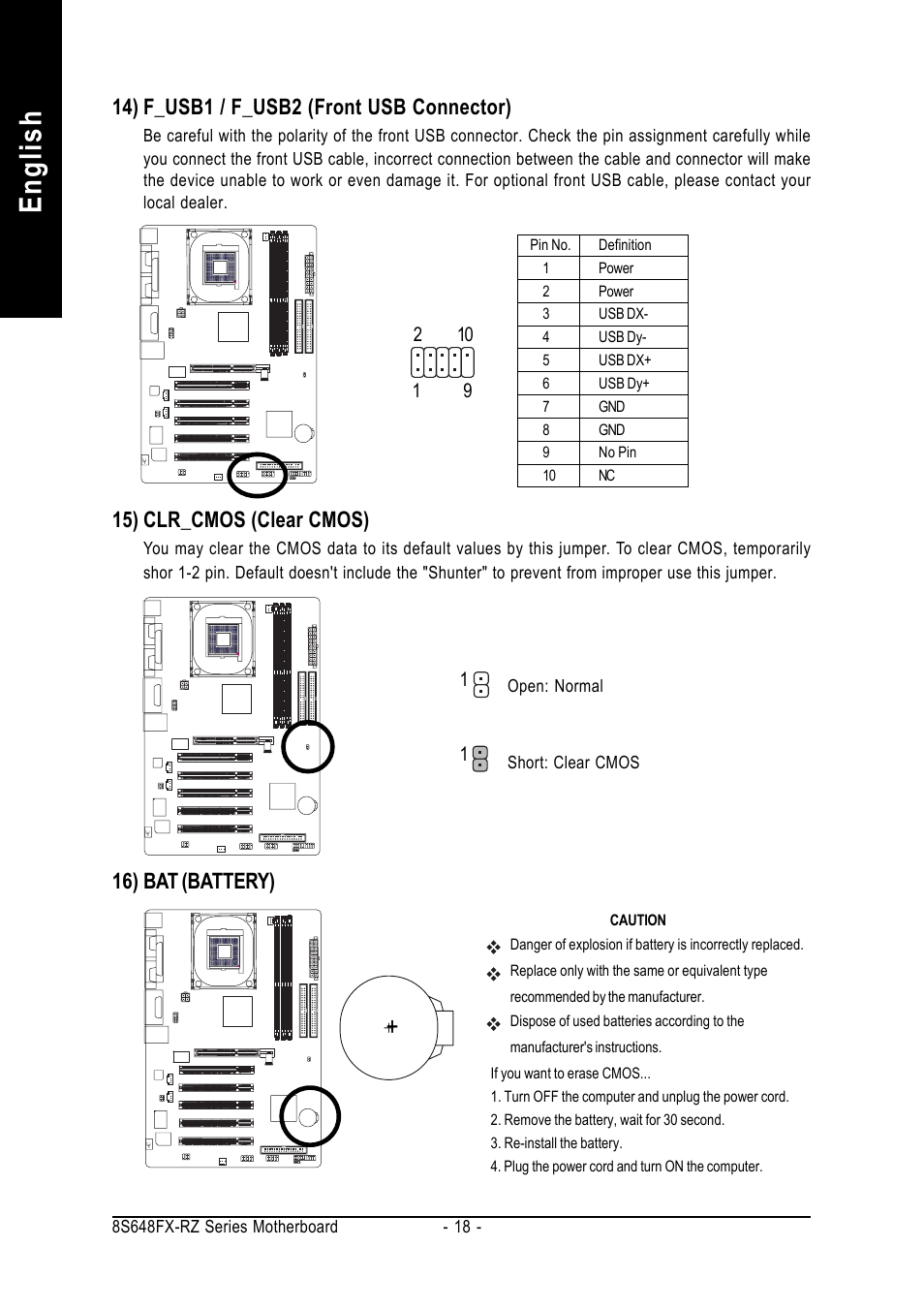 English, 15) clr_cmos (clear cmos), 16) bat (battery) | 14) f_usb1 / f_usb2 (front usb connector) | GIGABYTE 8S648FX-RZ User Manual | Page 18 / 40