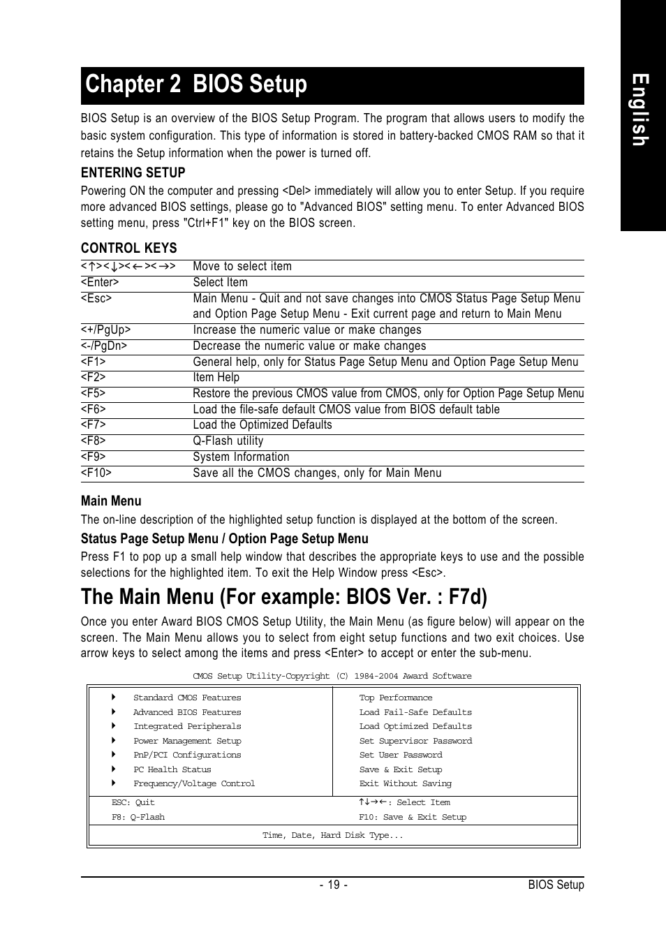 Chapter 2 bios setup, English, The main menu (for example: bios ver. : f7d) | GIGABYTE 8S648FX-RZ User Manual | Page 19 / 40