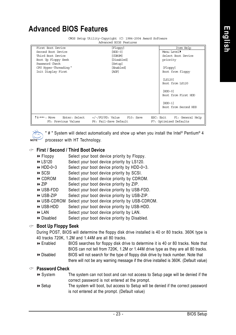 English advanced bios features, First / second / third boot device, Boot up floppy seek | Password check | GIGABYTE 8S648FX-RZ User Manual | Page 23 / 40