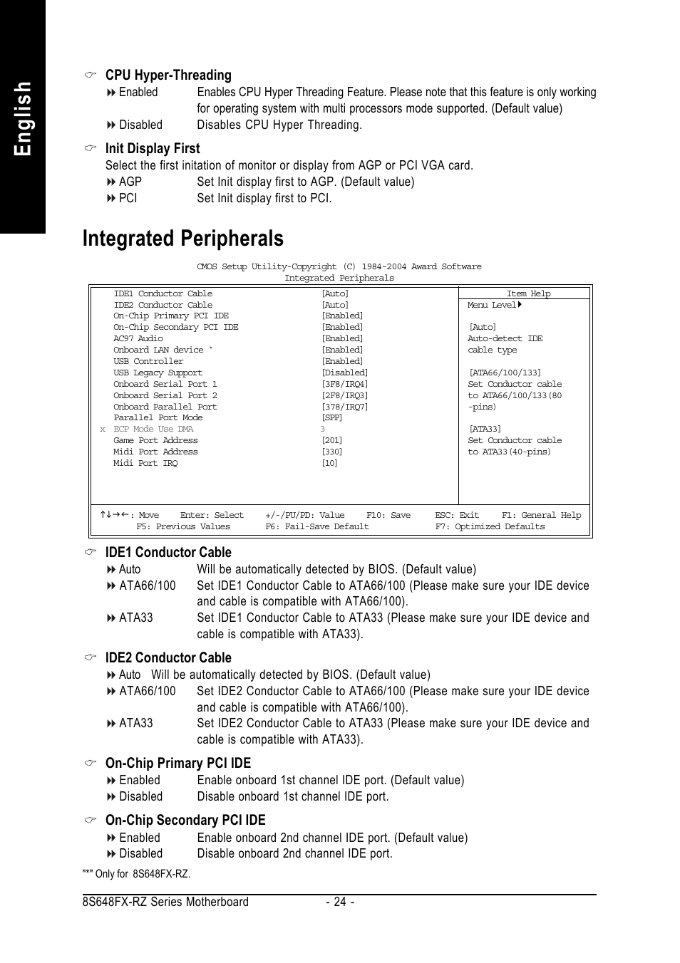 English, Integrated peripherals, Cpu hyper-threading | Init display first, Ide1 conductor cable, Ide2 conductor cable, On-chip primary pci ide, On-chip secondary pci ide | GIGABYTE 8S648FX-RZ User Manual | Page 24 / 40