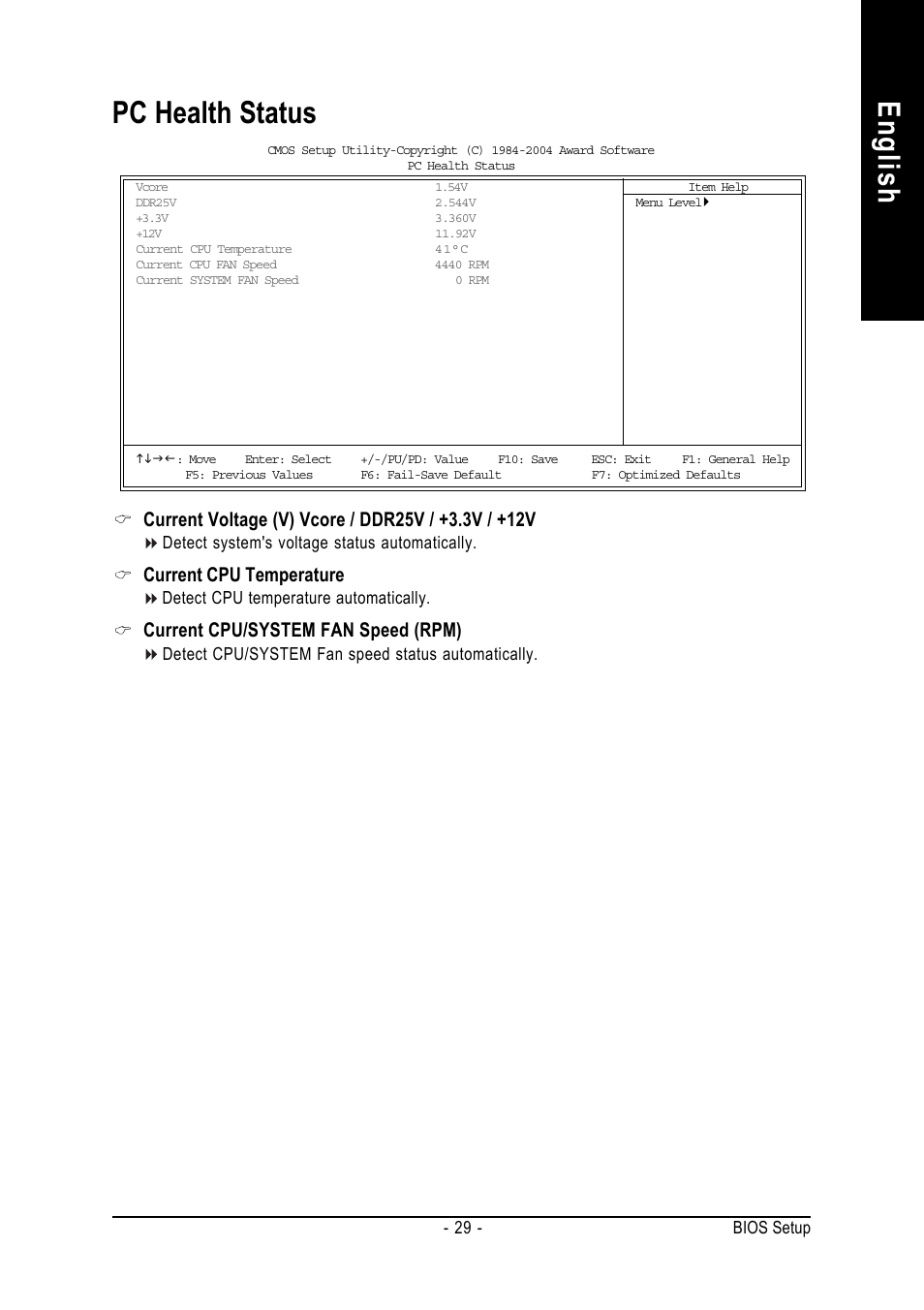 English pc health status, Current cpu temperature, Current cpu/system fan speed (rpm) | GIGABYTE 8S648FX-RZ User Manual | Page 29 / 40