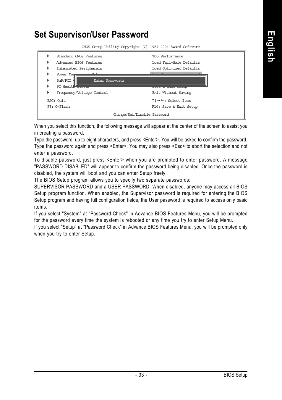 English, Set supervisor/user password, 33 - bios setup | GIGABYTE 8S648FX-RZ User Manual | Page 33 / 40