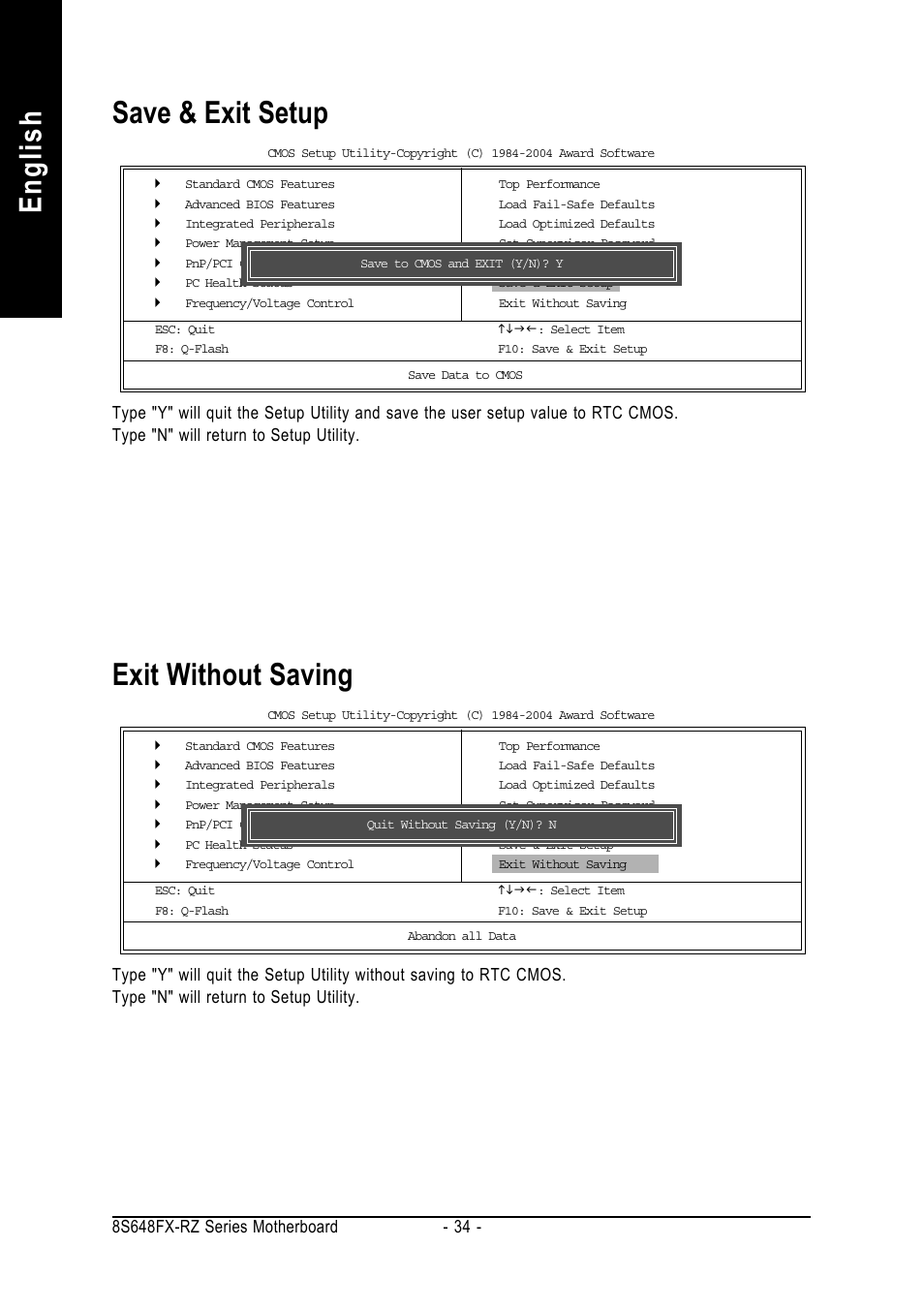 English exit without saving, Save & exit setup | GIGABYTE 8S648FX-RZ User Manual | Page 34 / 40