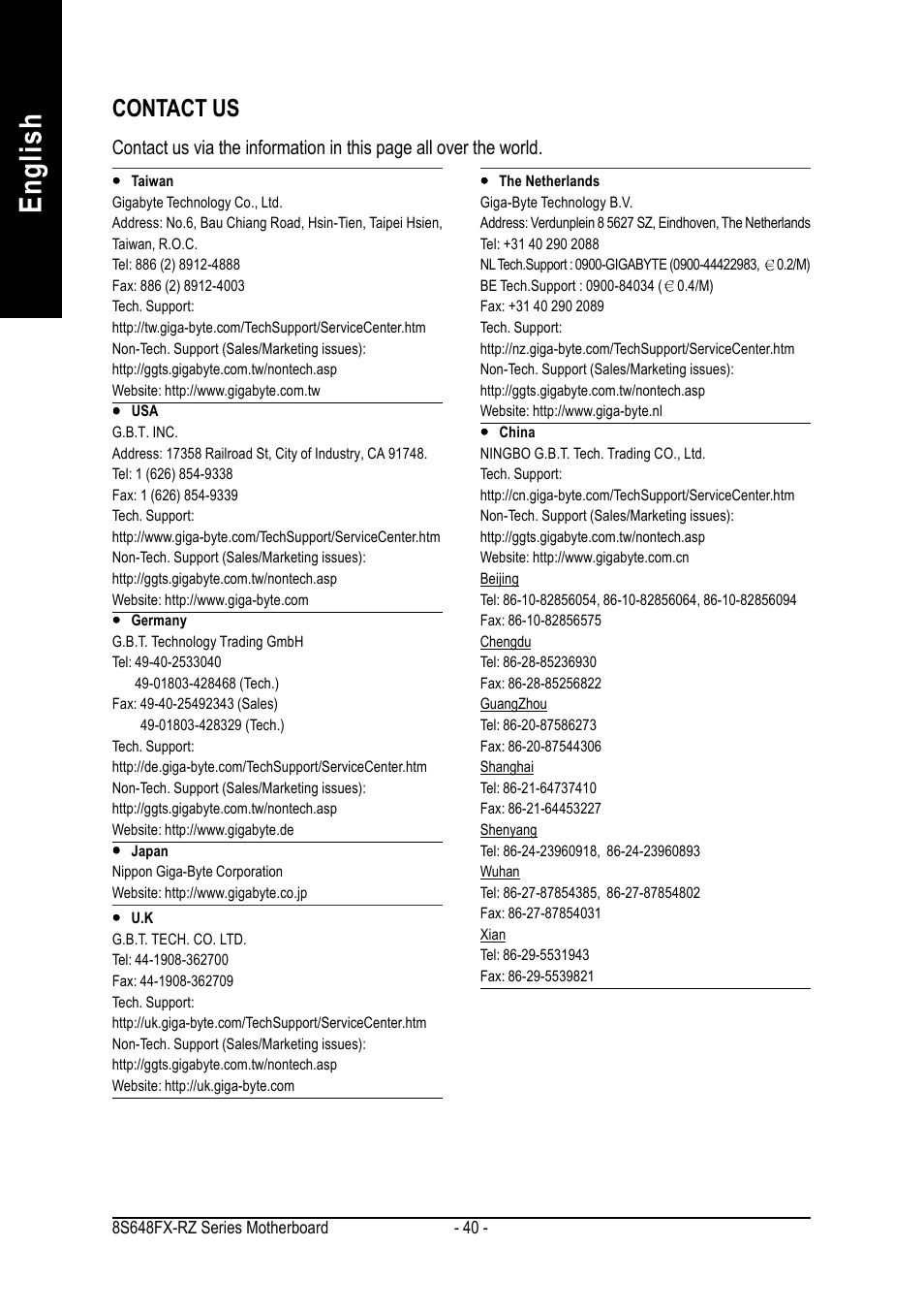 English, Contact us | GIGABYTE 8S648FX-RZ User Manual | Page 40 / 40