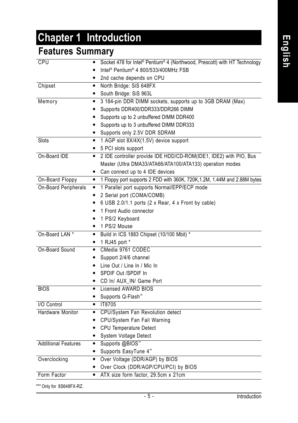 Chapter 1 introduction, English, Features summary | GIGABYTE 8S648FX-RZ User Manual | Page 5 / 40