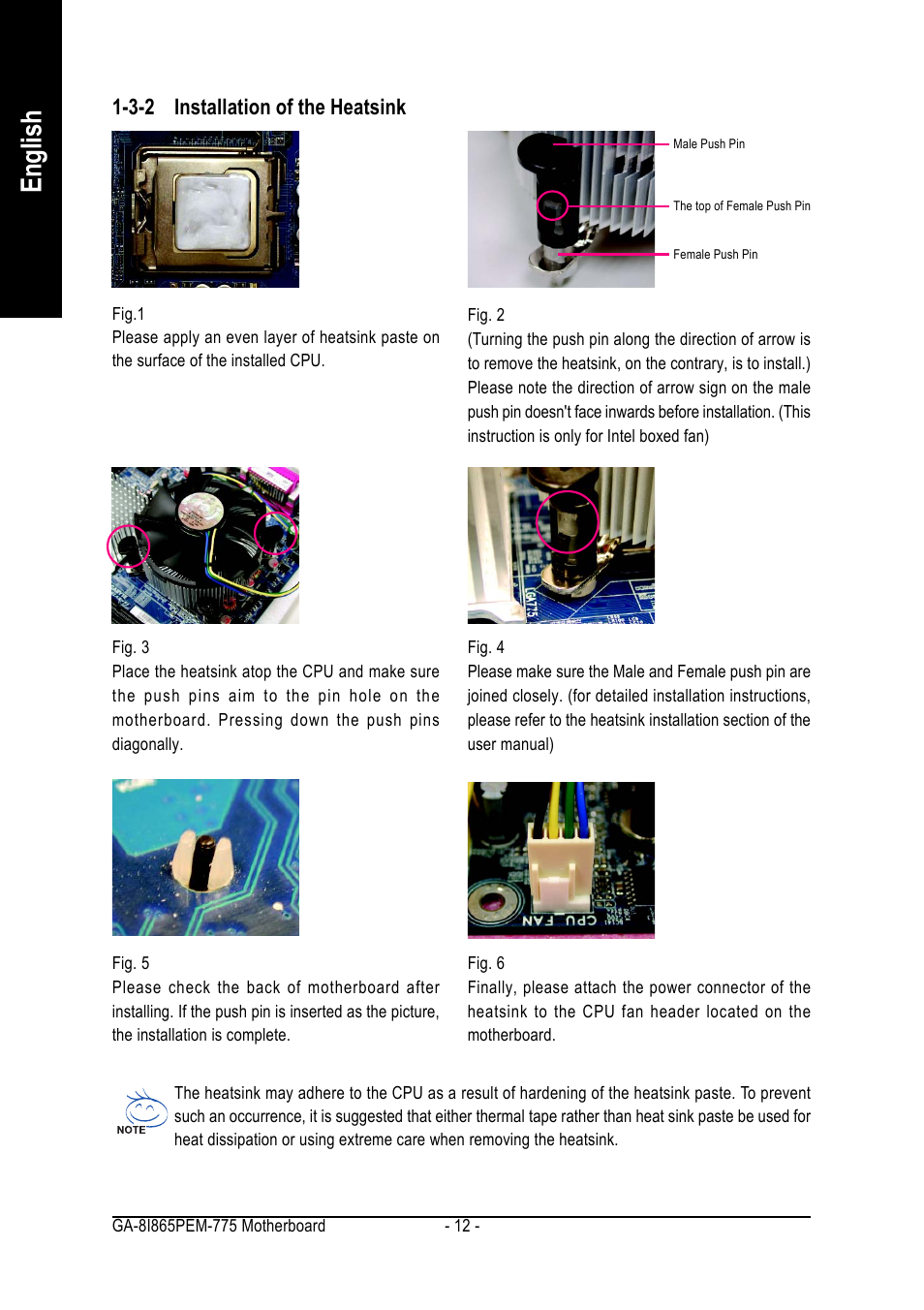 English, 3-2 installation of the heatsink | GIGABYTE GA-8I865PEM-775 User Manual | Page 12 / 72