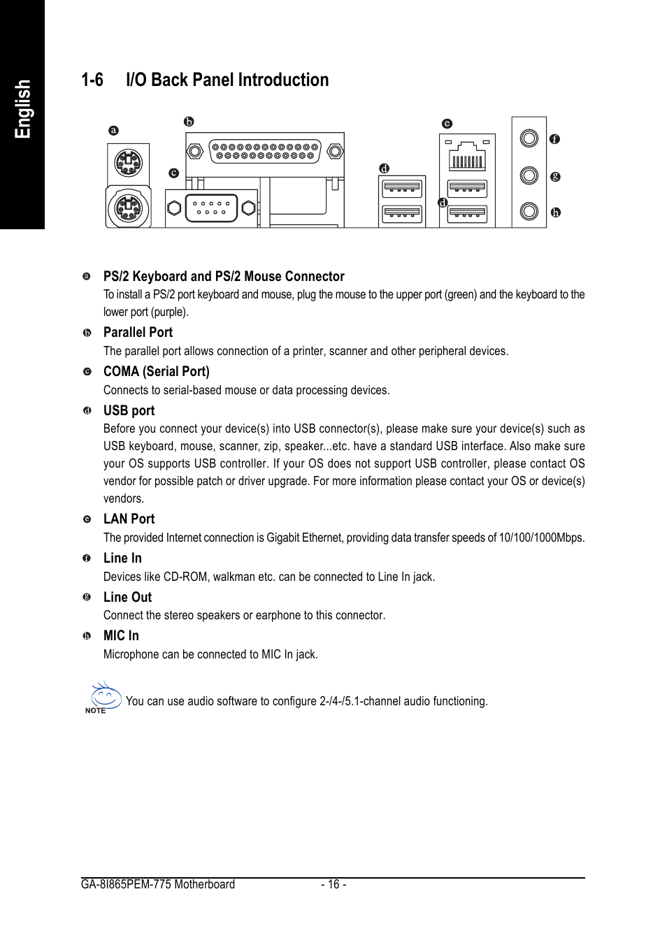 English, 6 i/o back panel introduction | GIGABYTE GA-8I865PEM-775 User Manual | Page 16 / 72