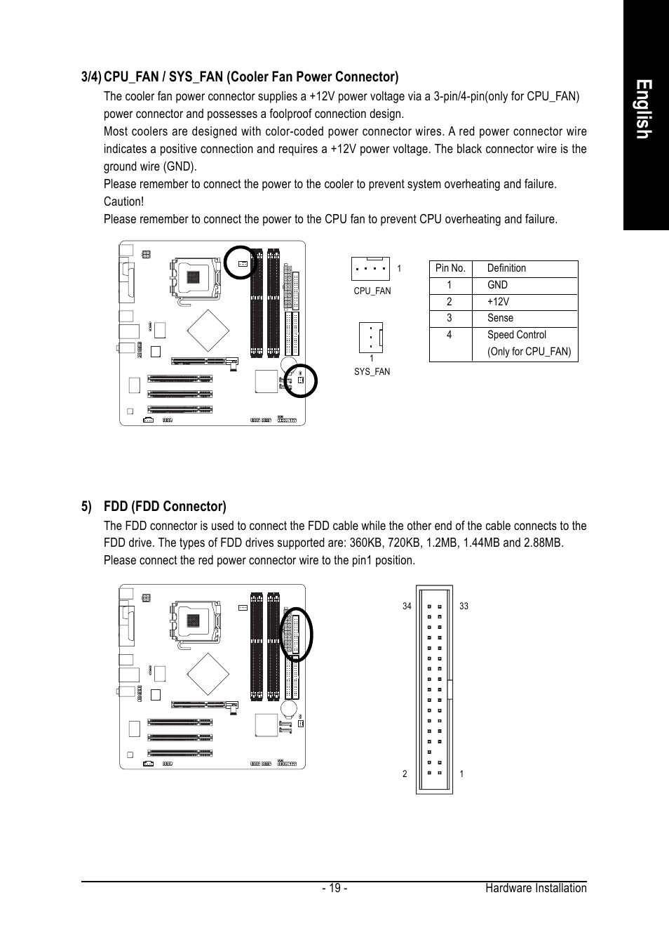 English, 5) fdd (fdd connector) | GIGABYTE GA-8I865PEM-775 User Manual | Page 19 / 72