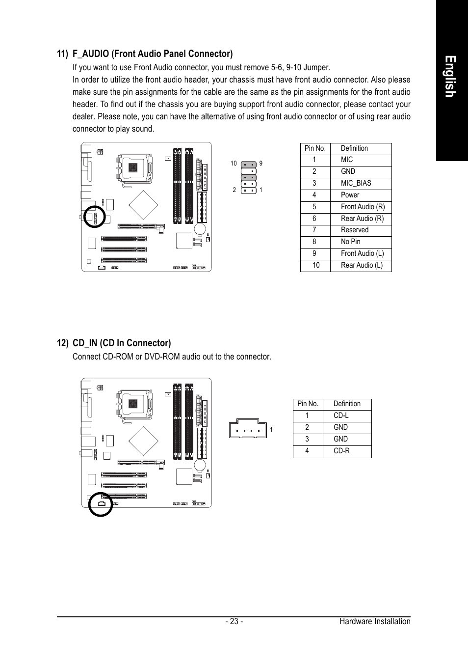 English, 11) f_audio (front audio panel connector), 12) cd_in (cd in connector) | GIGABYTE GA-8I865PEM-775 User Manual | Page 23 / 72