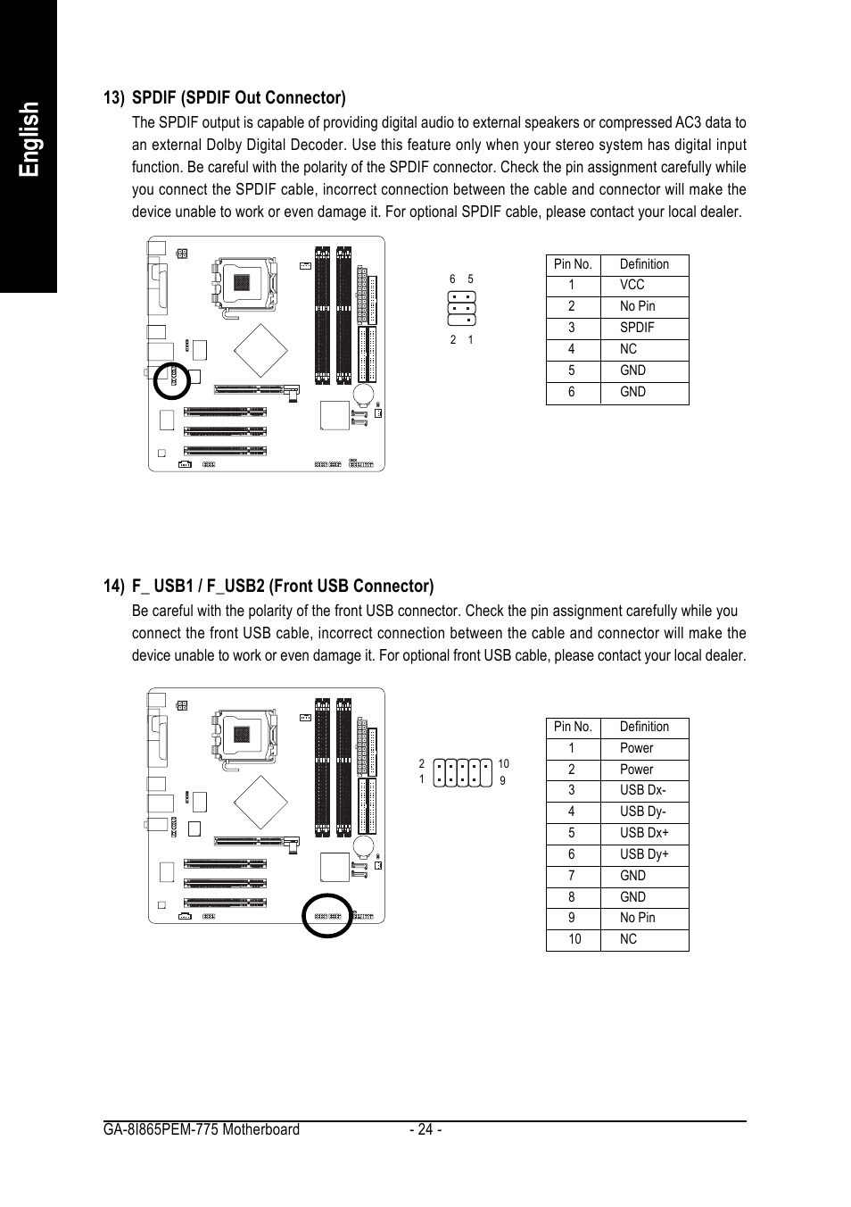 English, 14) f_ usb1 / f_usb2 (front usb connector), 13) spdif (spdif out connector) | GIGABYTE GA-8I865PEM-775 User Manual | Page 24 / 72