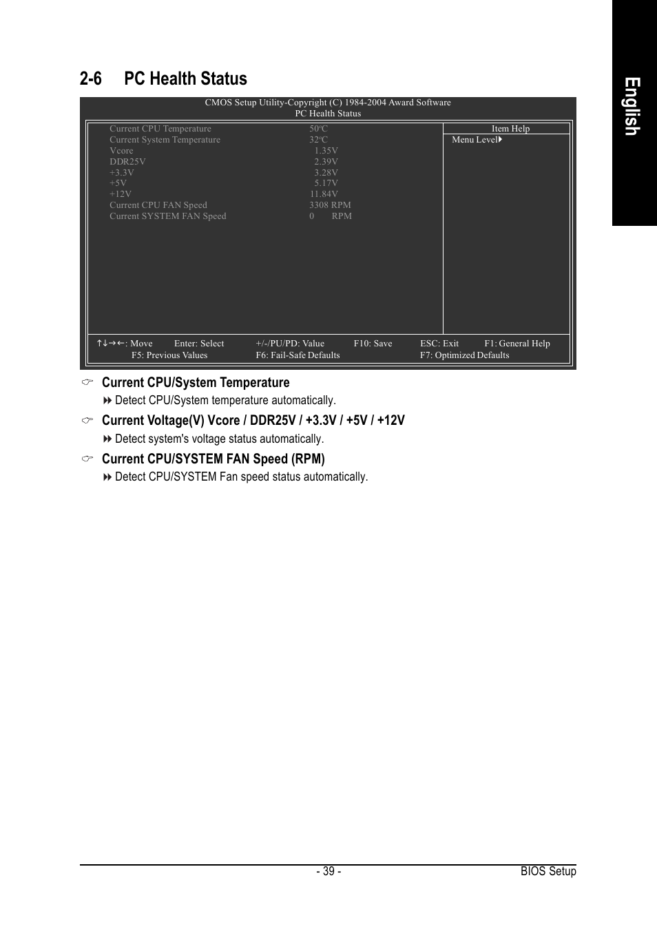 English, 6 pc health status, Current cpu/system temperature | Current cpu/system fan speed (rpm) | GIGABYTE GA-8I865PEM-775 User Manual | Page 39 / 72