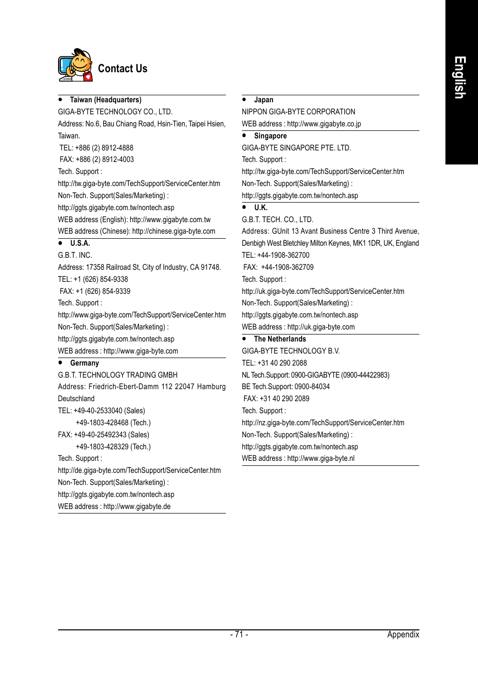 English, Contact us | GIGABYTE GA-8I865PEM-775 User Manual | Page 71 / 72