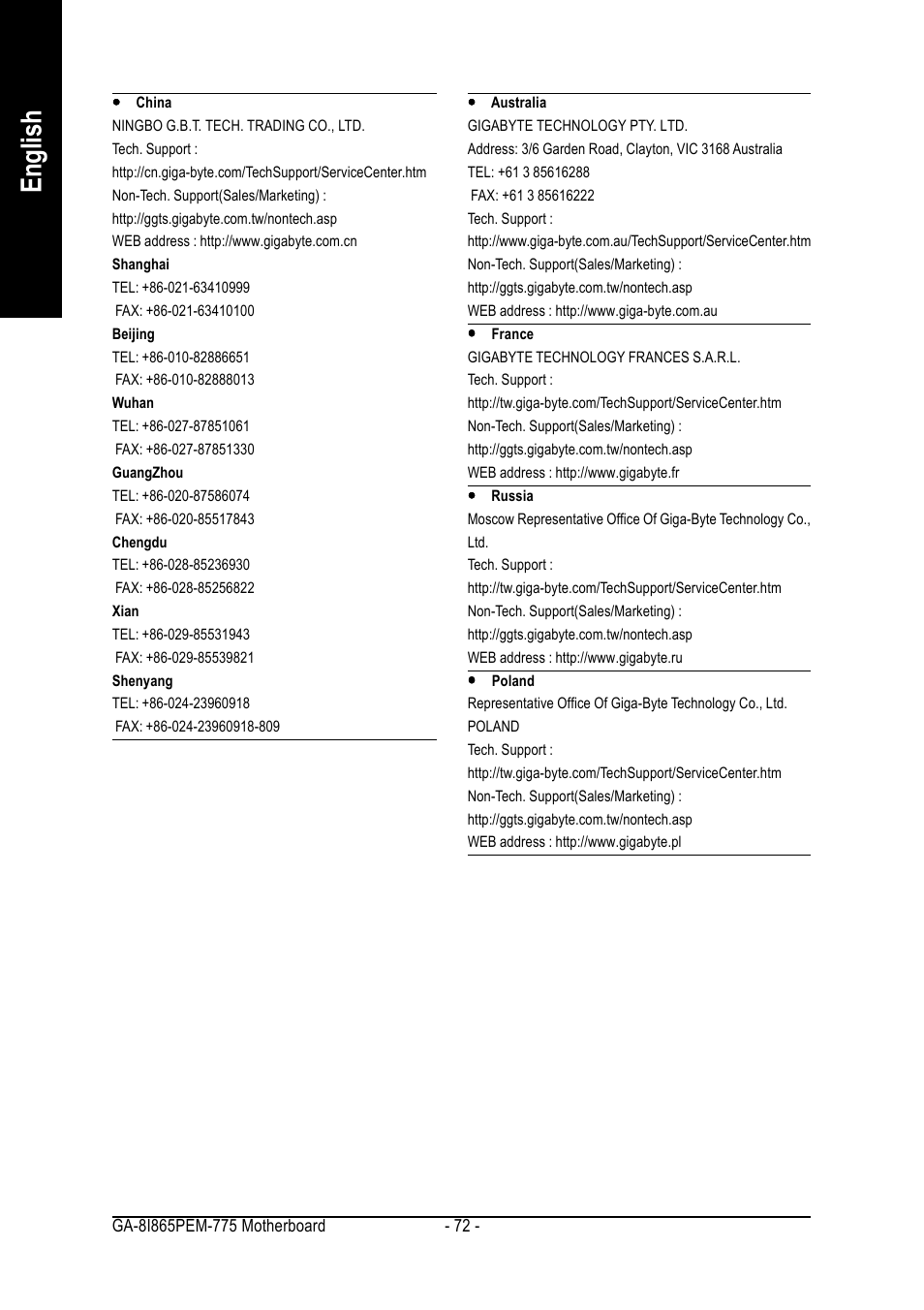 English | GIGABYTE GA-8I865PEM-775 User Manual | Page 72 / 72