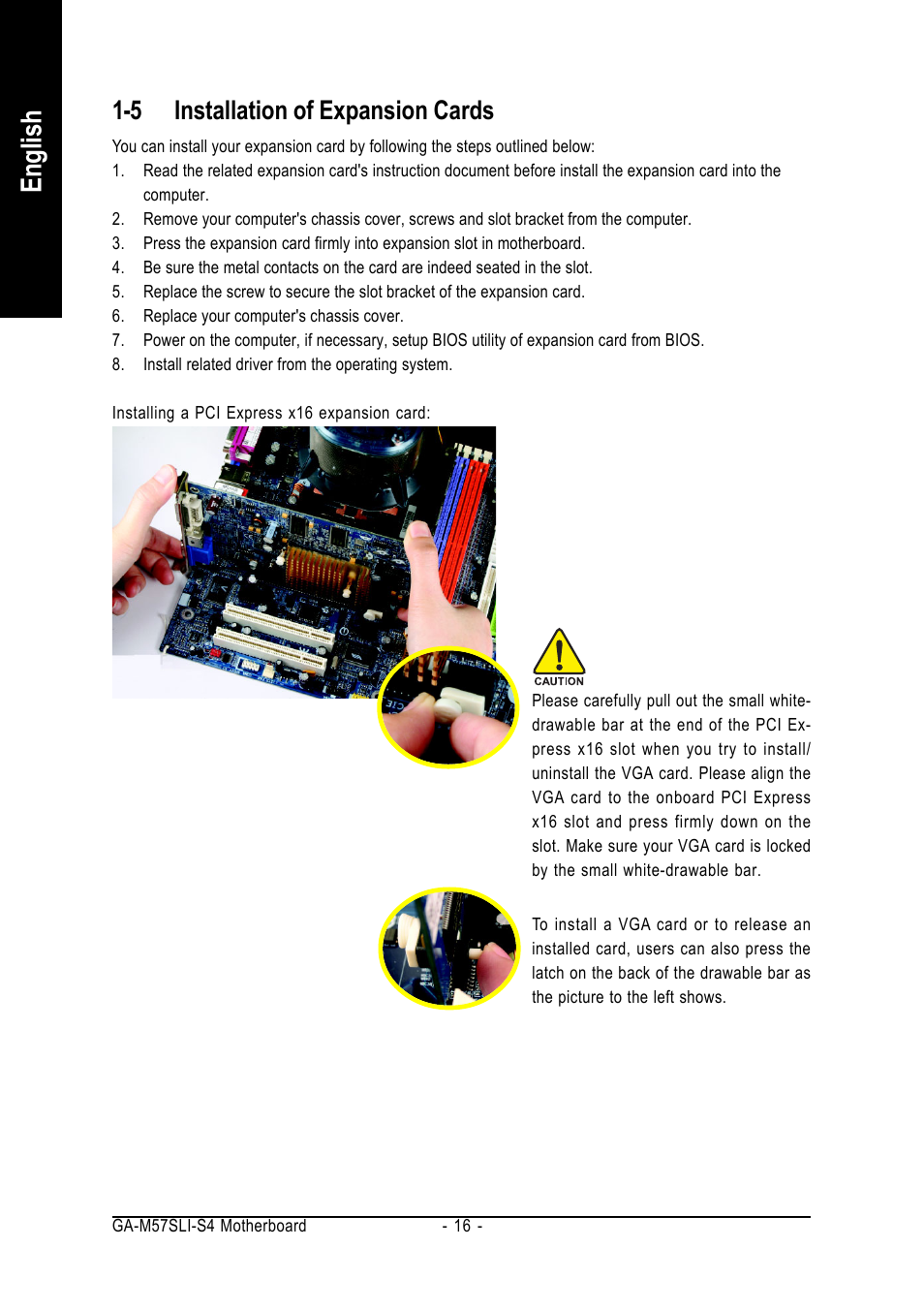 English, 5 installation of expansion cards | GIGABYTE AM2 Processor Motherboard GA-M57SLI-S4 User Manual | Page 16 / 96