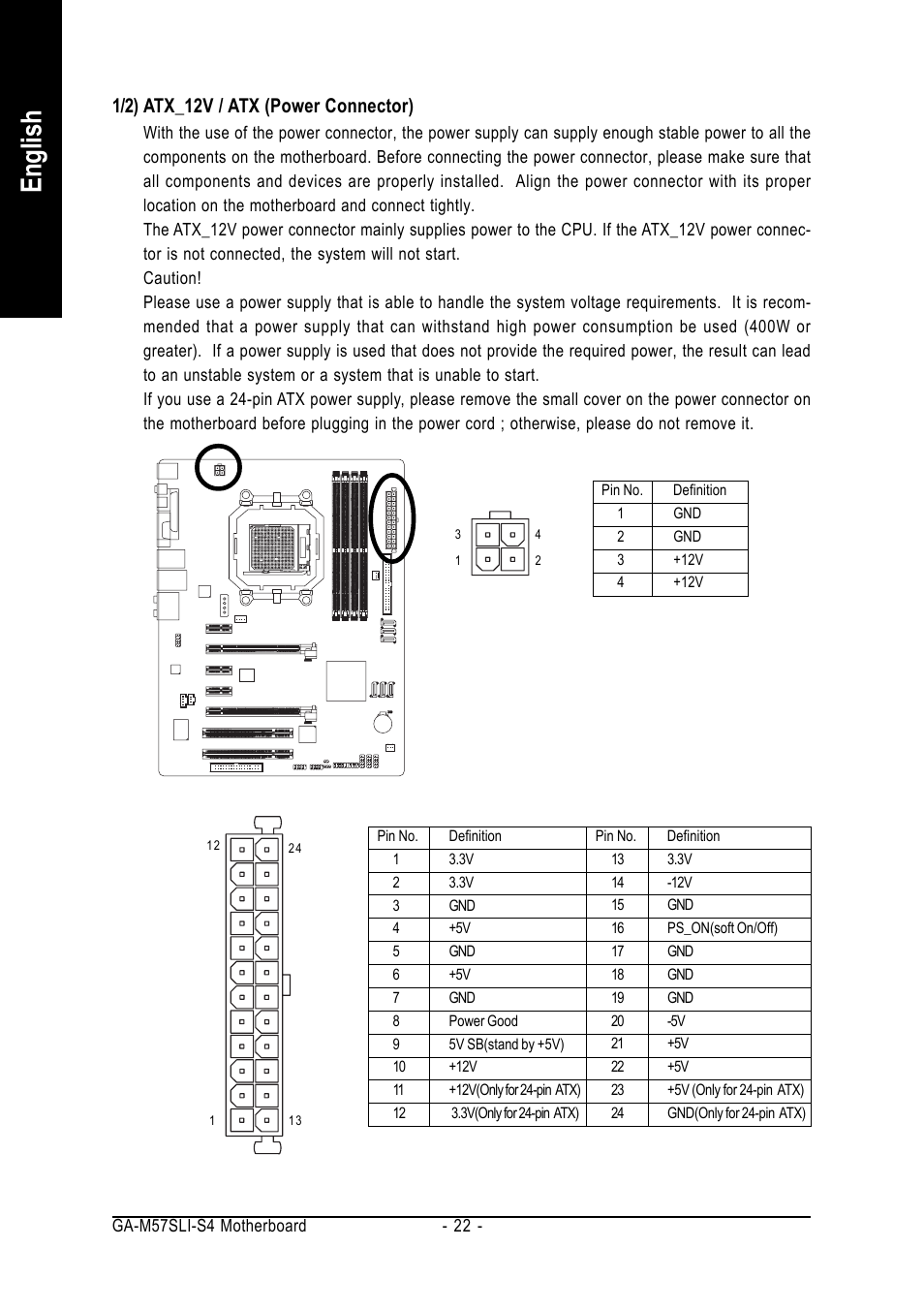 English, 1/2) atx_12v / atx (power connector) | GIGABYTE AM2 Processor Motherboard GA-M57SLI-S4 User Manual | Page 22 / 96