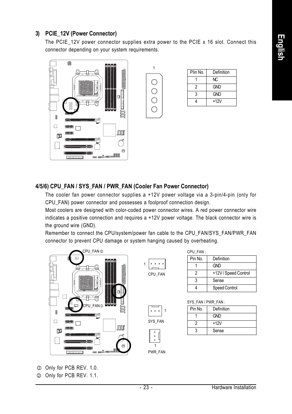 English, 3) pcie_12v (power connector) | GIGABYTE AM2 Processor Motherboard GA-M57SLI-S4 User Manual | Page 23 / 96