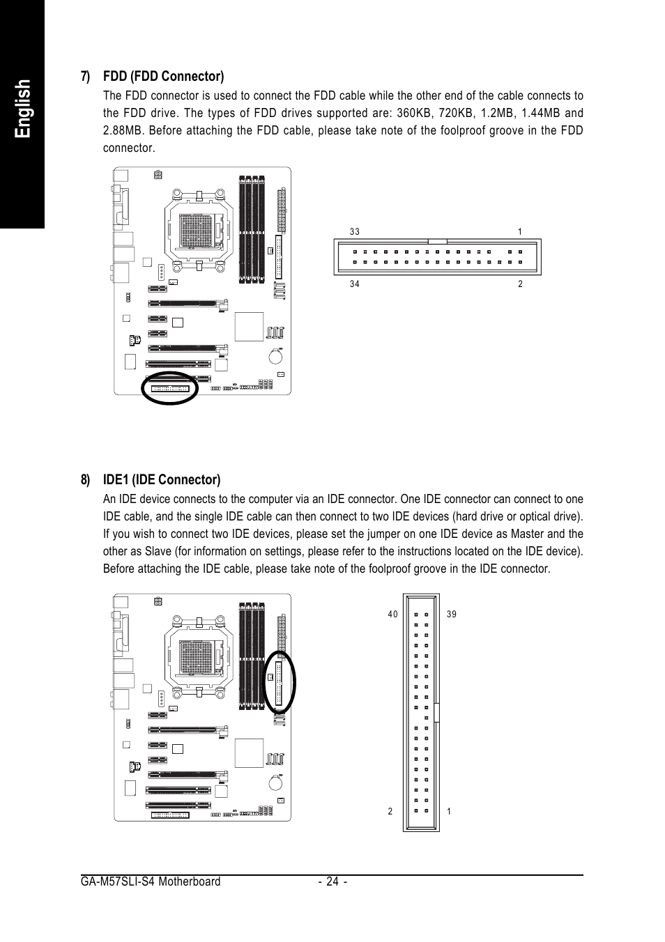 English, 7) fdd (fdd connector), 8) ide1 (ide connector) | GIGABYTE AM2 Processor Motherboard GA-M57SLI-S4 User Manual | Page 24 / 96