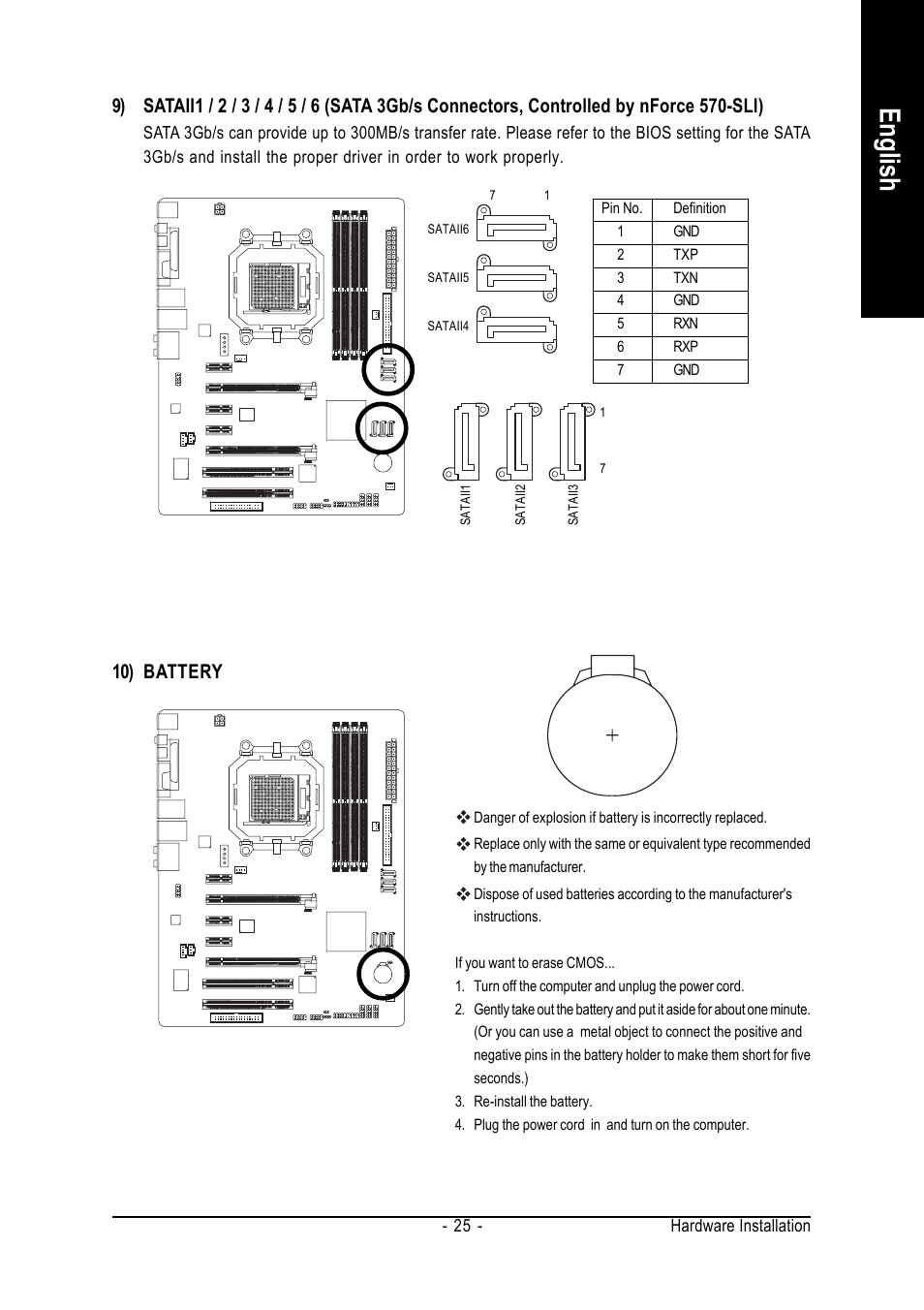 English, 10) battery | GIGABYTE AM2 Processor Motherboard GA-M57SLI-S4 User Manual | Page 25 / 96