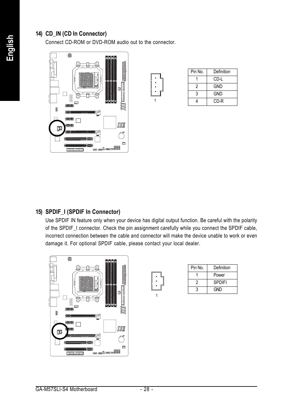 English, 14) cd_in (cd in connector), 15) spdif_i (spdif in connector) | GIGABYTE AM2 Processor Motherboard GA-M57SLI-S4 User Manual | Page 28 / 96
