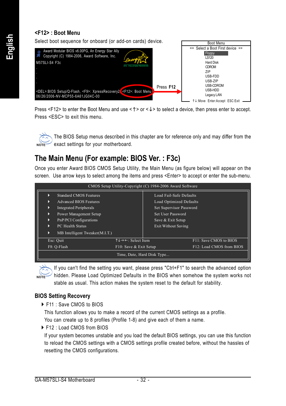 English, The main menu (for example: bios ver. : f3c), F12> : boot menu | Bios setting recovery | GIGABYTE AM2 Processor Motherboard GA-M57SLI-S4 User Manual | Page 32 / 96