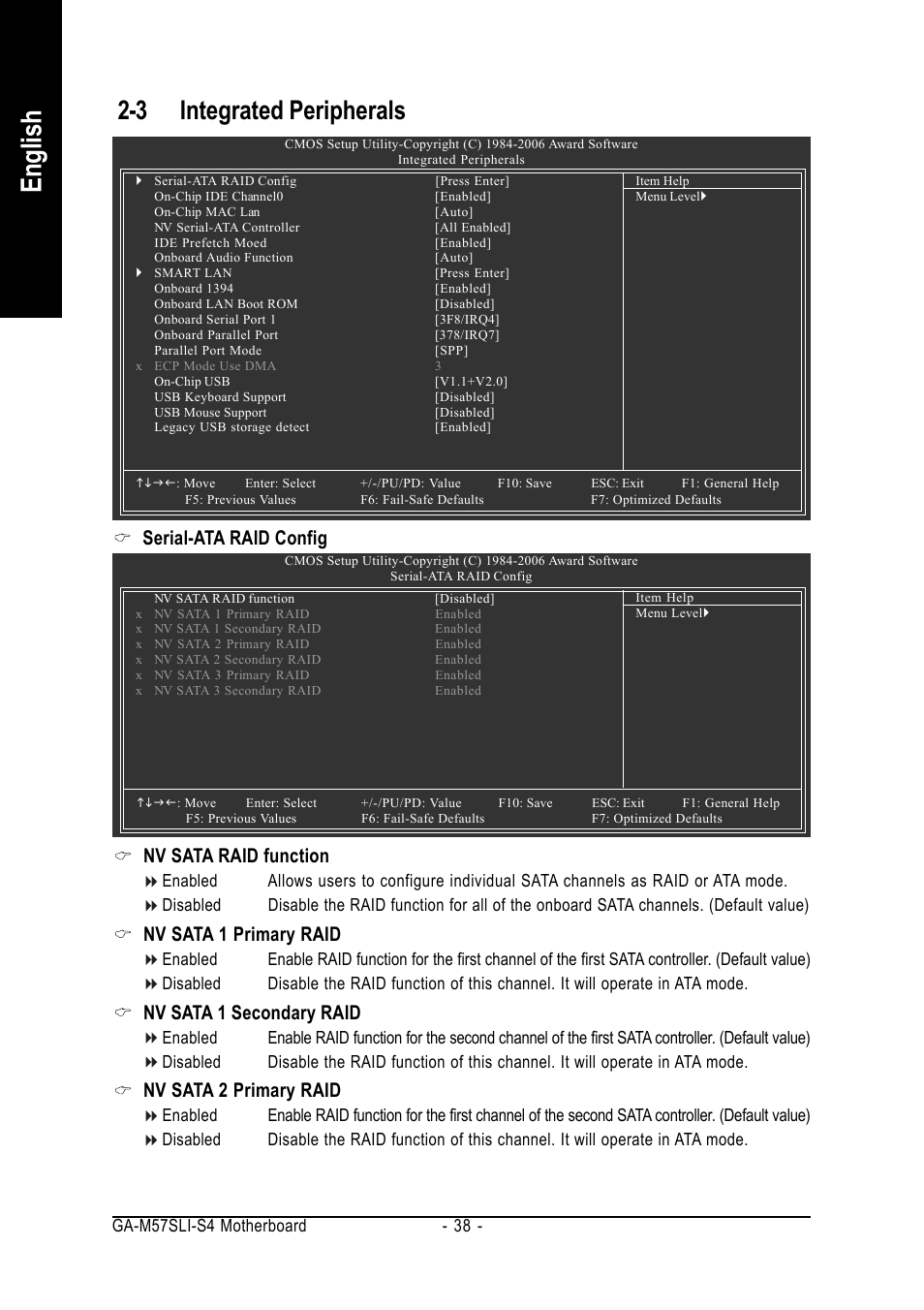 English, 3 integrated peripherals, Serial-ata raid config | Nv sata raid function, Nv sata 1 primary raid, Nv sata 1 secondary raid, Nv sata 2 primary raid | GIGABYTE AM2 Processor Motherboard GA-M57SLI-S4 User Manual | Page 38 / 96