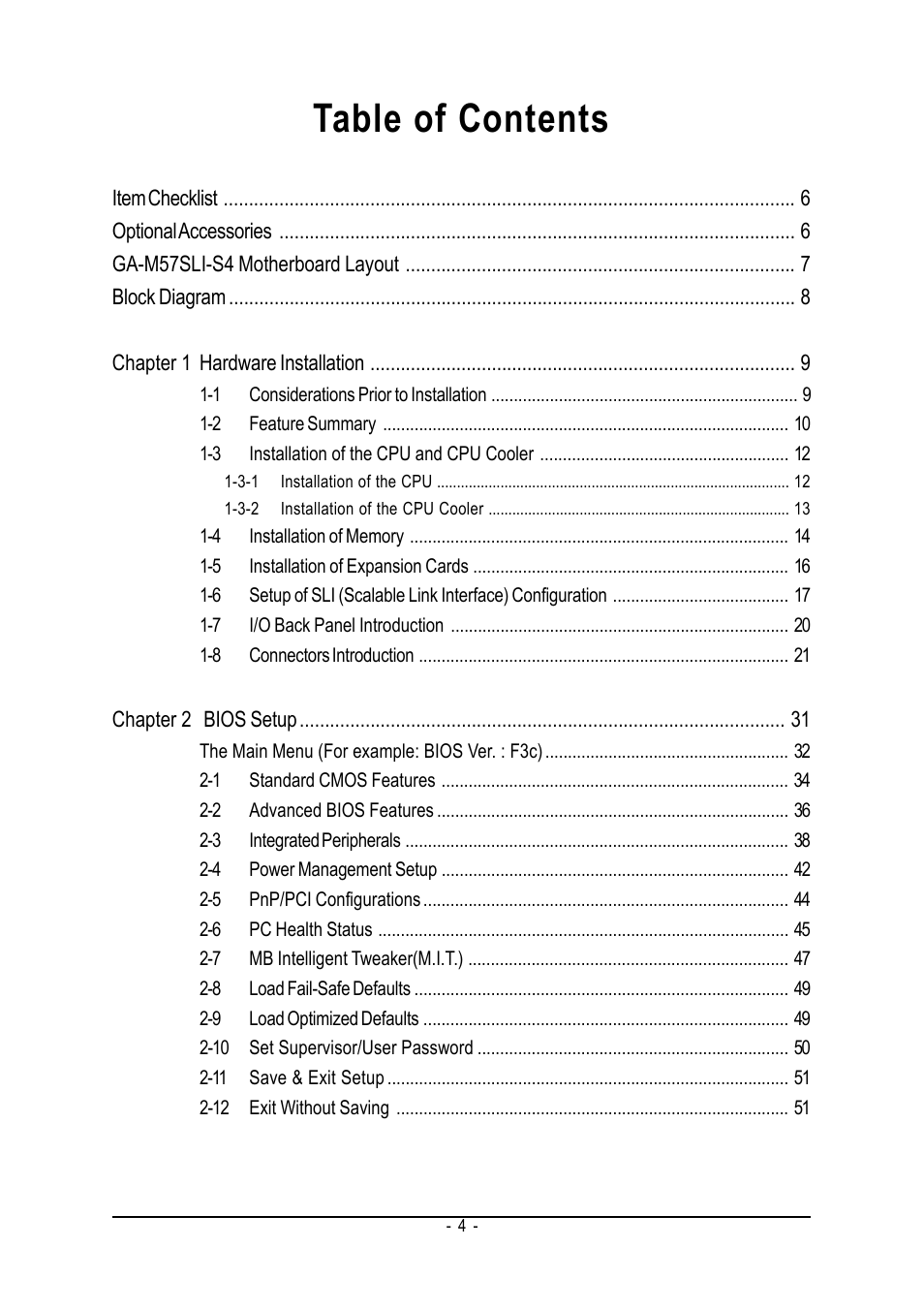 GIGABYTE AM2 Processor Motherboard GA-M57SLI-S4 User Manual | Page 4 / 96