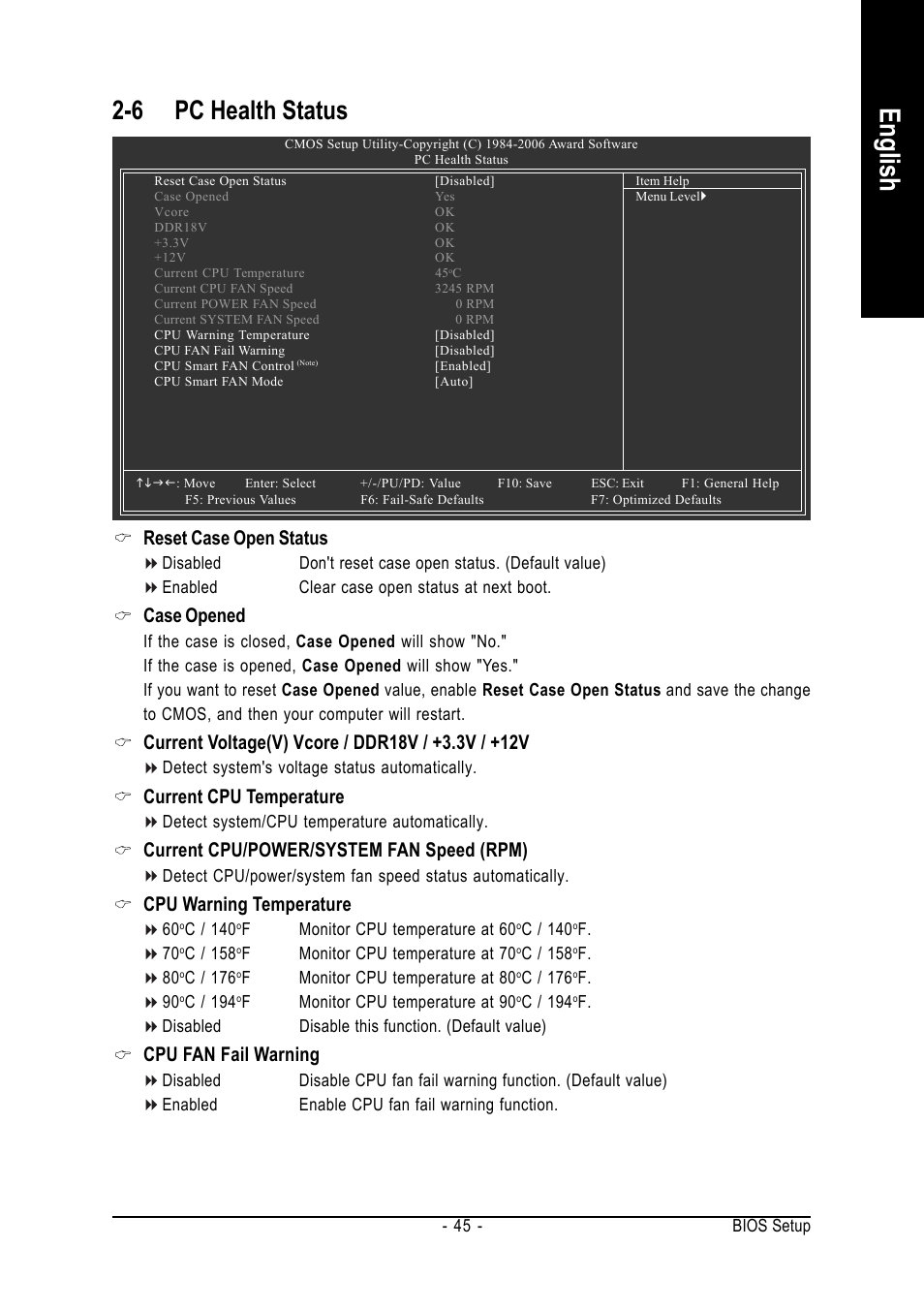 English, 6 pc health status, Reset case open status | Case opened, Current cpu temperature, Current cpu/power/system fan speed (rpm), Cpu warning temperature, Cpu fan fail warning | GIGABYTE AM2 Processor Motherboard GA-M57SLI-S4 User Manual | Page 45 / 96
