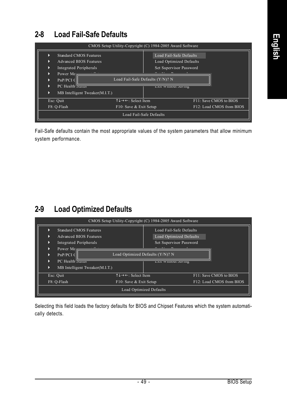 English, 8 load fail-safe defaults, 9 load optimized defaults | GIGABYTE AM2 Processor Motherboard GA-M57SLI-S4 User Manual | Page 49 / 96