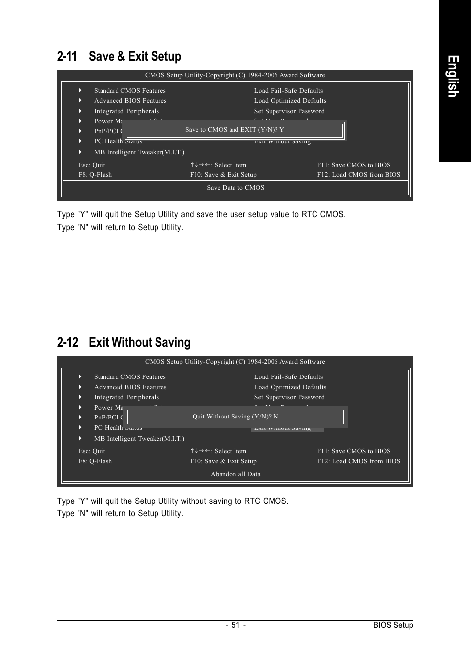 English, 11 save & exit setup, 12 exit without saving | GIGABYTE AM2 Processor Motherboard GA-M57SLI-S4 User Manual | Page 51 / 96