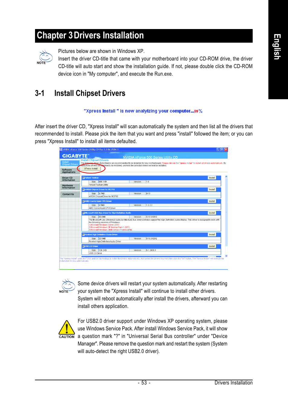 Chapter 3drivers installation, English, 1 install chipset drivers | GIGABYTE AM2 Processor Motherboard GA-M57SLI-S4 User Manual | Page 53 / 96