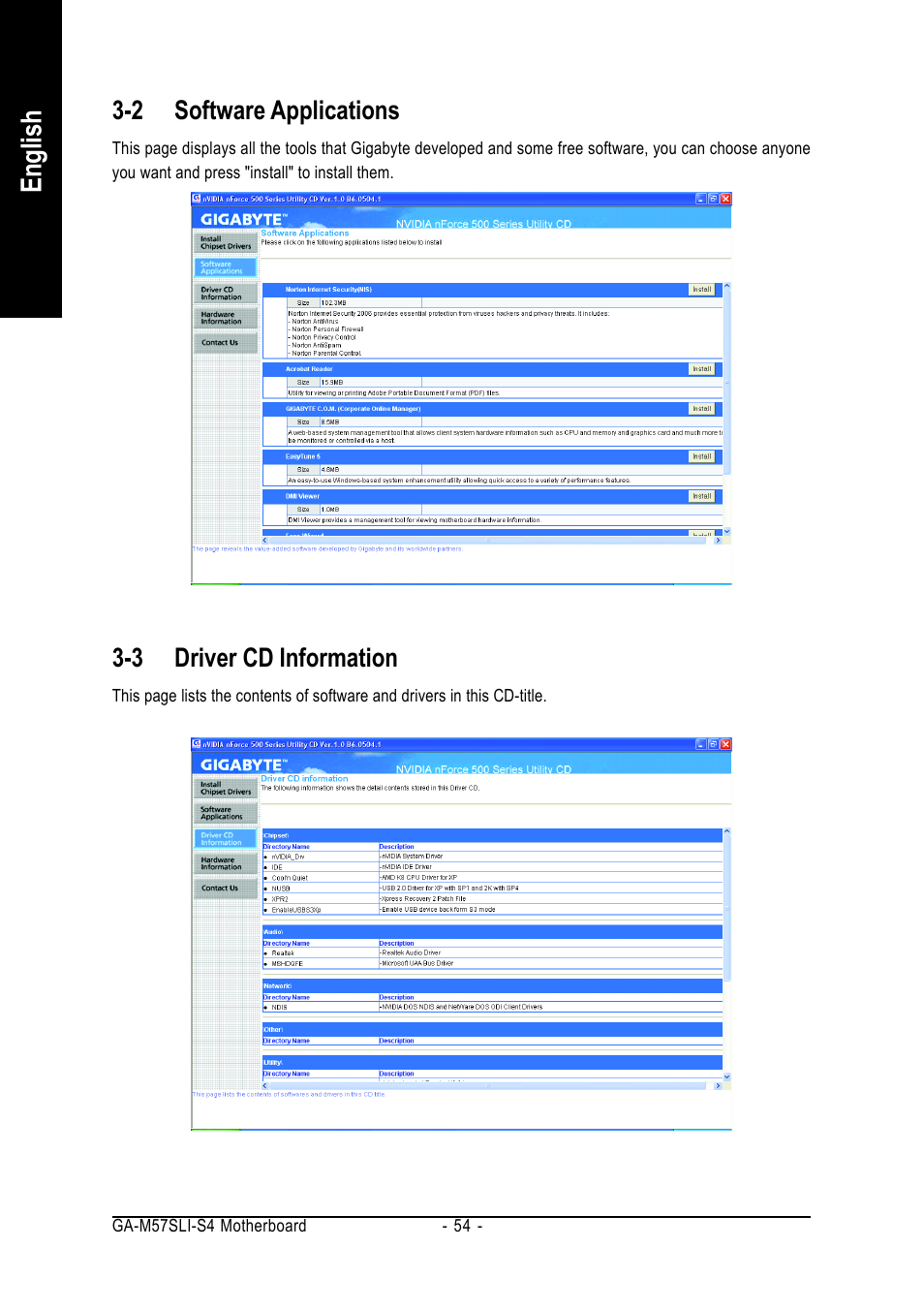 English, 2 software applications, 3 driver cd information | GIGABYTE AM2 Processor Motherboard GA-M57SLI-S4 User Manual | Page 54 / 96