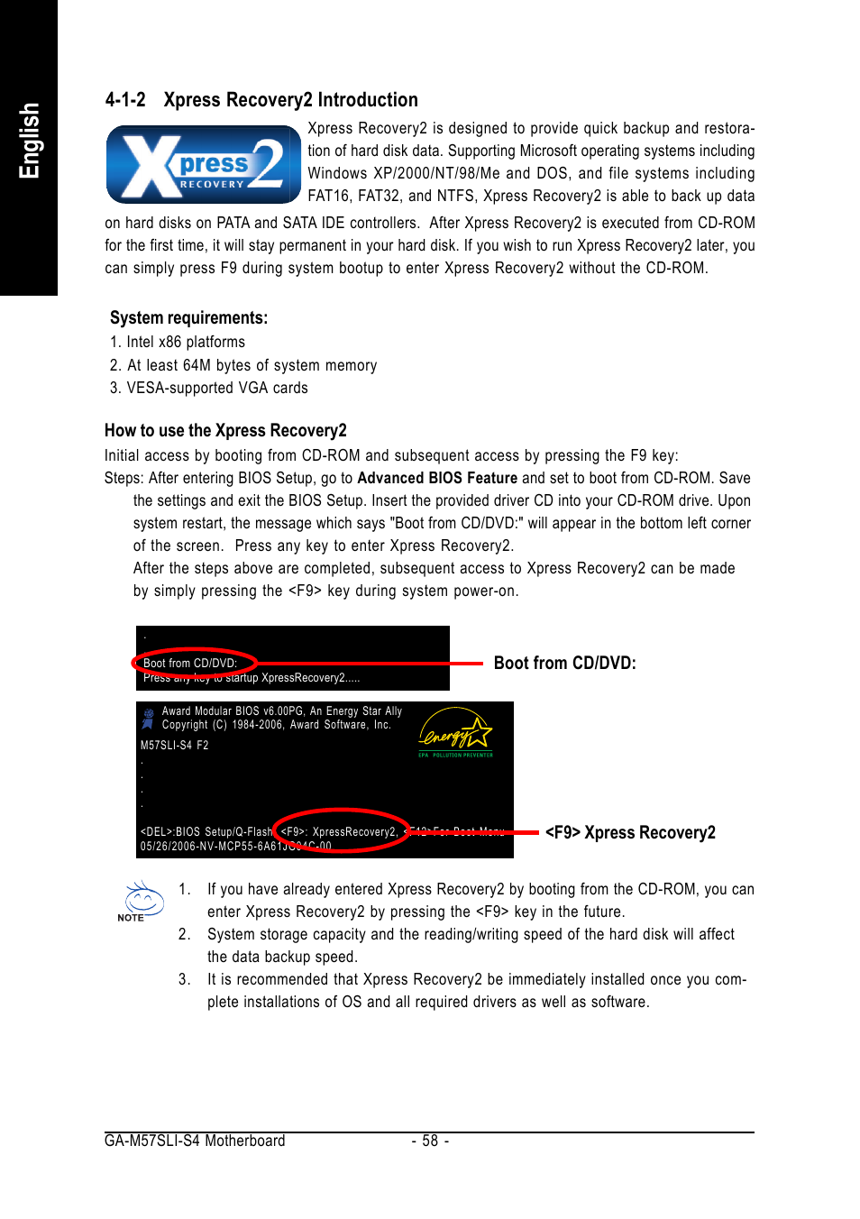 English, 1-2 xpress recovery2 introduction | GIGABYTE AM2 Processor Motherboard GA-M57SLI-S4 User Manual | Page 58 / 96