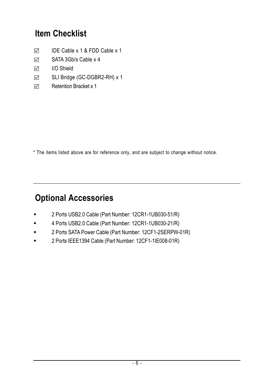 Item checklist, Optional accessories | GIGABYTE AM2 Processor Motherboard GA-M57SLI-S4 User Manual | Page 6 / 96