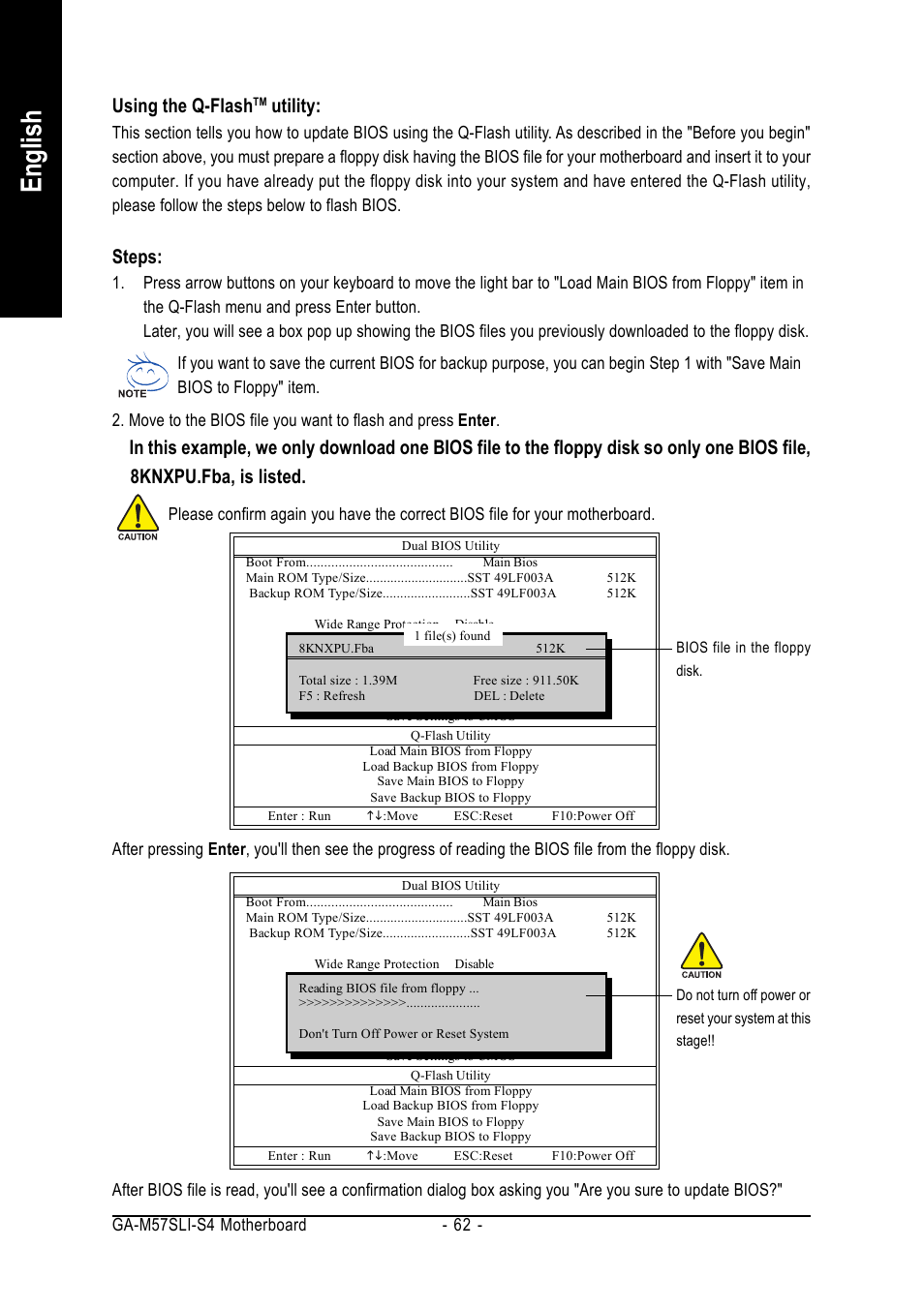 English, Using the q-flash, Utility | Steps | GIGABYTE AM2 Processor Motherboard GA-M57SLI-S4 User Manual | Page 62 / 96