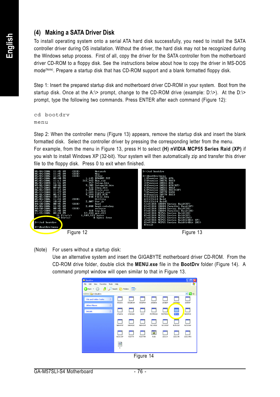 English, 4) making a sata driver disk | GIGABYTE AM2 Processor Motherboard GA-M57SLI-S4 User Manual | Page 76 / 96
