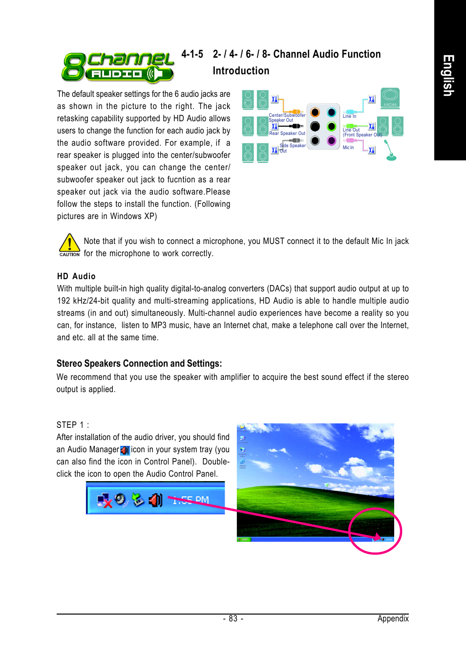 English, Stereo speakers connection and settings | GIGABYTE AM2 Processor Motherboard GA-M57SLI-S4 User Manual | Page 83 / 96