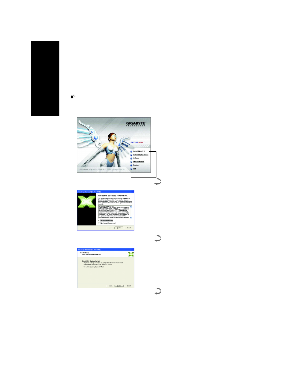 English, Directx installation | GIGABYTE GeForceTM FX 5200 Graphics Accelerator GV-N52128D User Manual | Page 10 / 38