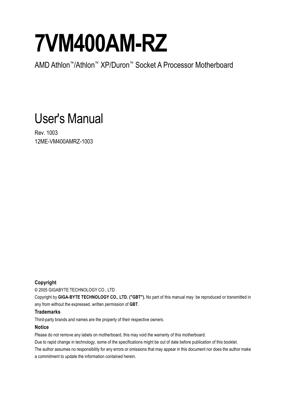 GIGABYTE Socket A Processor Motherboard 7VM400AM-RZ User Manual | 40 pages
