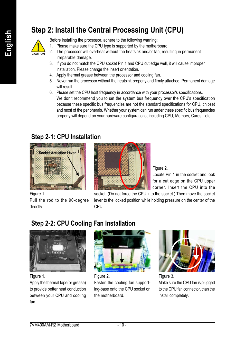 Step 2-1: cpu installation, Step 2-2: cpu cooling fan installation | GIGABYTE Socket A Processor Motherboard 7VM400AM-RZ User Manual | Page 10 / 40