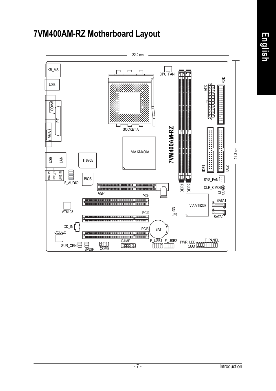 English 7vm400am-rz motherboard layout, 7vm400am-rz, Introduction - 7 | GIGABYTE Socket A Processor Motherboard 7VM400AM-RZ User Manual | Page 7 / 40