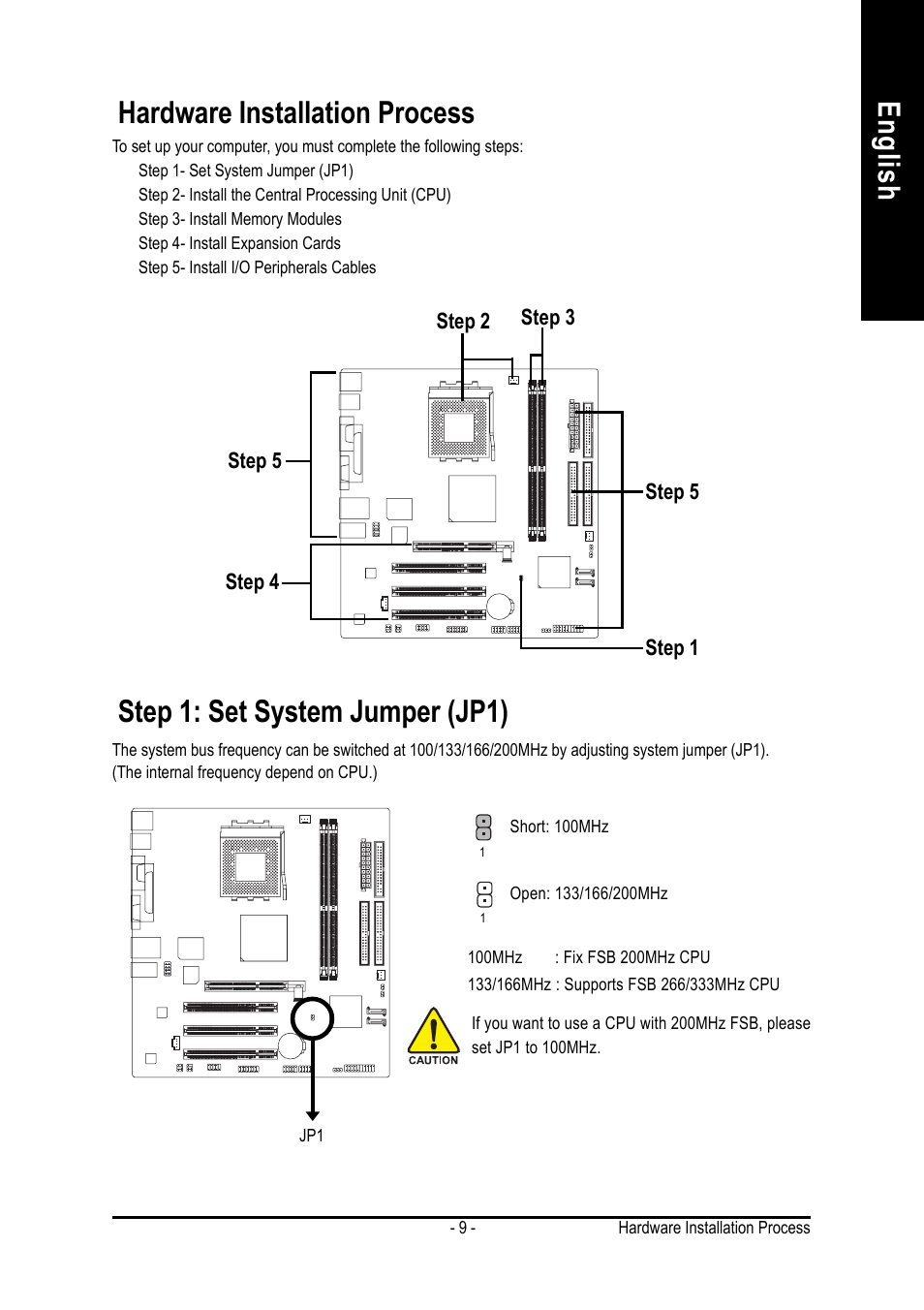 English hardware installation process, Step 1: set system jumper (jp1) | GIGABYTE Socket A Processor Motherboard 7VM400AM-RZ User Manual | Page 9 / 40