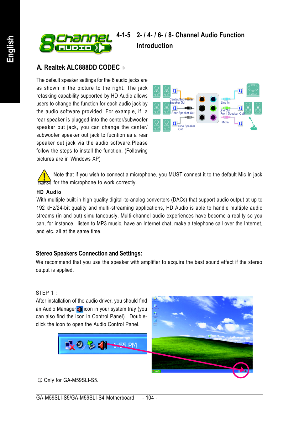 English, A. realtek alc888dd codec, Stereo speakers connection and settings | GIGABYTE AMD Socket AM2 Processor Motherboard GA-M59SLI-S5 User Manual | Page 104 / 120